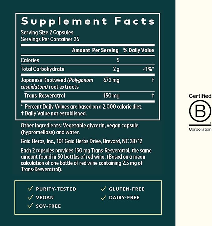 Gaia Herbs Resveratrol - Beauty &amp Radiance Antioxidant Support Supplement* - Made with Japanese Knotweed - Contains 150 mg Trans-Resveratrol per Serving - 50 Liquid Phyto-Capsules (25 Servings)