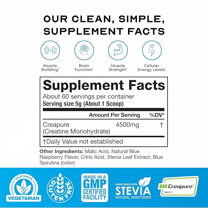 Muscle Feast Creapure Creatine Monohydrate Powder Vegan Keto Friendly Gluten-Free Muscle Recovery Supplement and Trusted Creatine for Muscle Growth Flavored Creatine Natural Blue Raspberry 300g