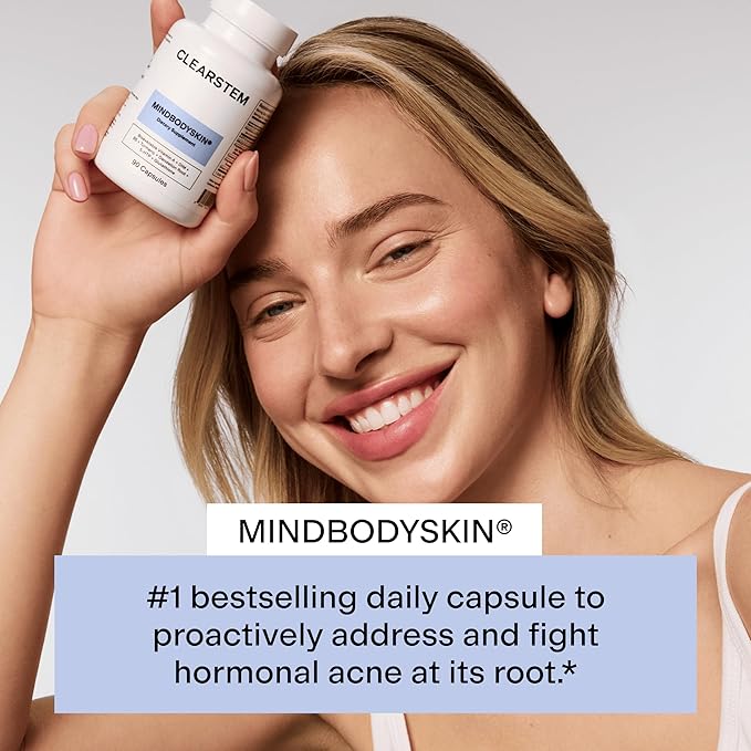 CLEARSTEM - MINDBODYSKIN Hormonal Acne Supplement (5-HTP) - Natural DIM Supplement - Skin Care Vitamins - Hormone Balance Antioxidants - Gluten Free Cruelty Free - 30 Servings 90 Capsules