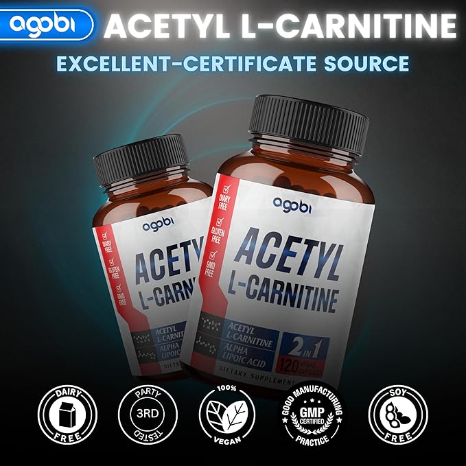 agobi Acetyl L-Carnitine &amp Alpha Lipoic Acid Complex 1500mg - Supplement for Brain Health Memory Focus &amp Mood Support - 120 Vegan Capsules for 2 Month Supply - Gluten-Free Non-GMO