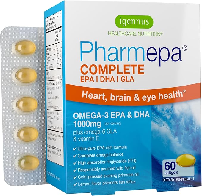 Igennus Pharmepa rtg Omega 3 EPA DHA Fatty Acids 1000mg IFOS Certified High Potency Wild Fish Oil with GLA Evening Primrose Oil Lemon Flavor 60 Softgels