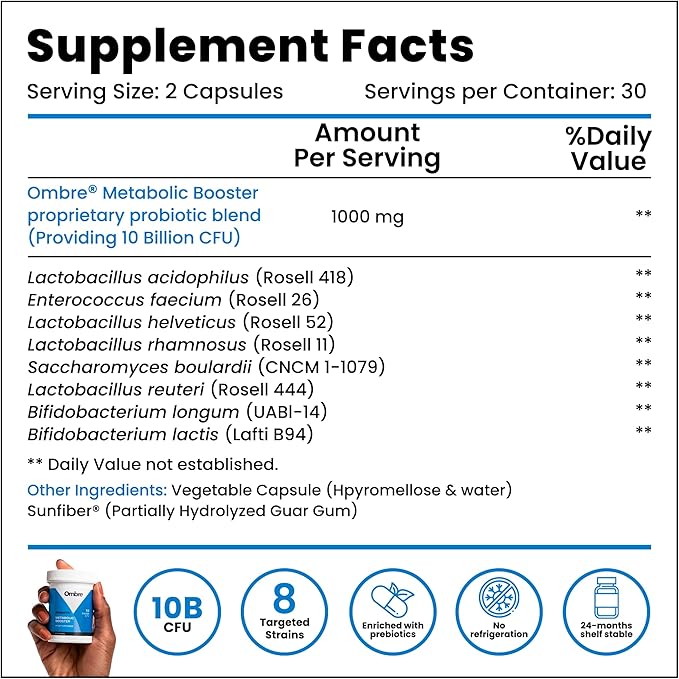 Ombre Metabolic Booster Probiotic - Supports Metabolism Healthy Weight Management &amp Digestion - Energy &amp Gut Health Supplement for Women and Men - 10 Billion CFU Prebiotic Fiber Vegan 30 S
