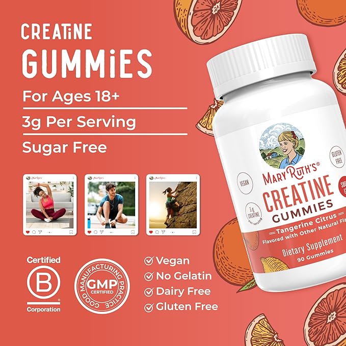 MaryRuth's Creatine Gummies | Creatine Monohydrate Gummies | 3g Creatine Per Serving | Creatine for Women &amp Men | Tangerine Citrus Flavor | Exercise | Workout | Sugar Free | Vegan | 90 Count