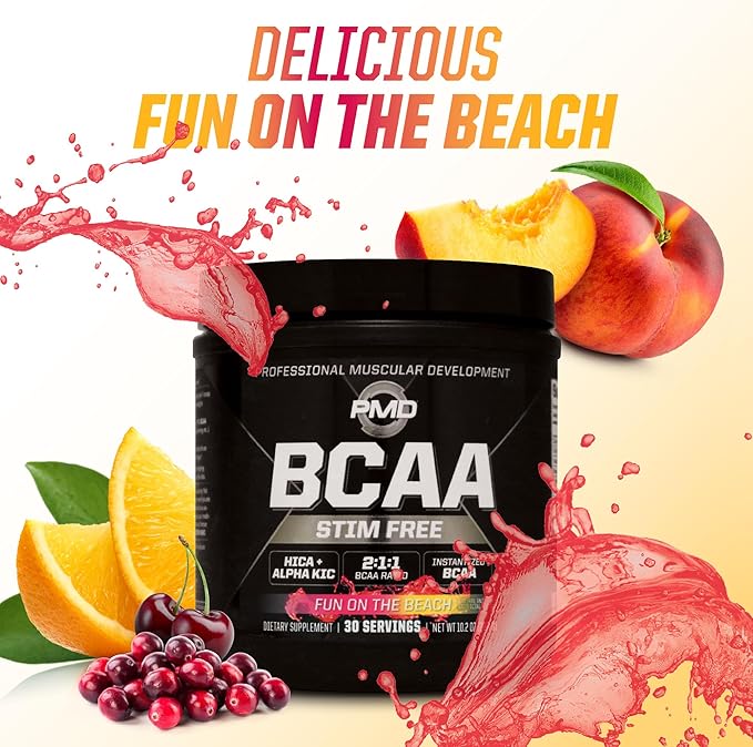PMD Sports BCAA Stim-Free Amino Acids - Better Workout Performance Enhanced Recovery Daily Energy Muscle Builder and Muscle Sparing - BCAA Powder Drink Mix - Fun on the Beach (30 Servings)