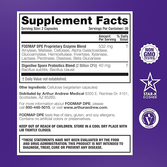 Arthur Andrew Medical - FODMAP DPE Digestive Probiotics and Enzymes Relief for FODMAP Intolerance and Highly Fermentable Foods Vegan Non-GMO 60 Capsules