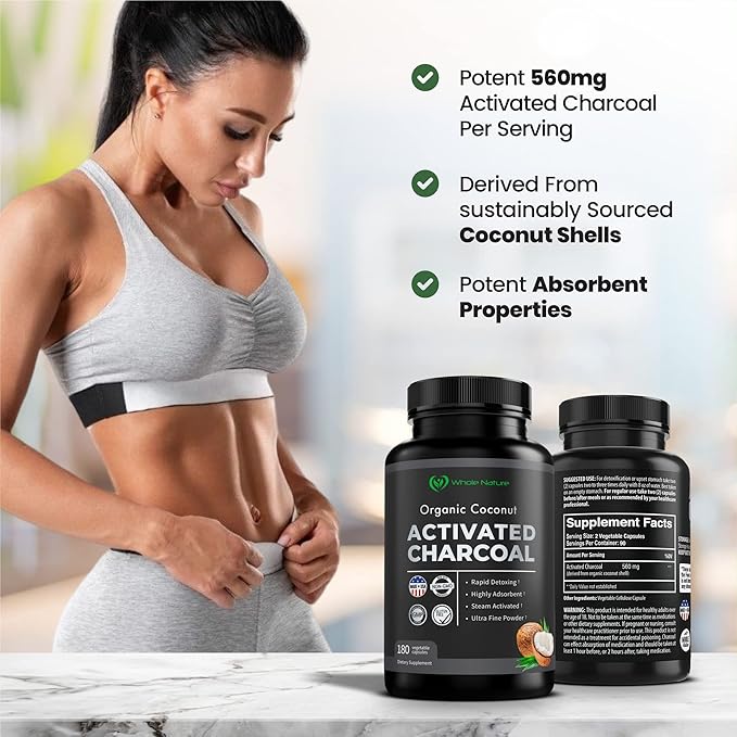 Coconut Activated Charcoal Capsules 180 Charcoal Capsules Teeth Whitening Helps Constipation Bloating Stomach Gas Heartburn Pure Coconut Derived Supplement (3)