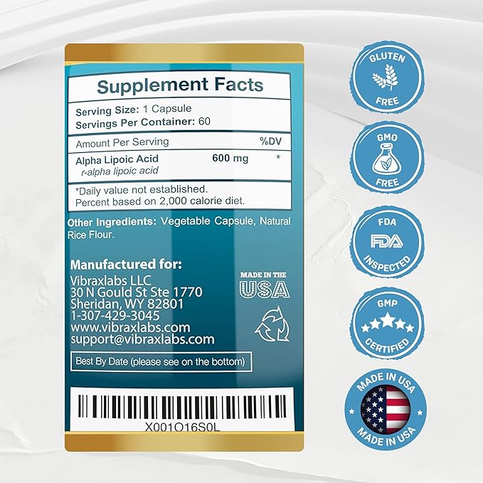 Alpha Lipoic Acid 600mg Capsules - Extra Strength ALA Supplement - Best Pure Vegetarian Capsules for Nerve Pain Skin Face Eye and Brain Boost – Helps Sustain Natural Detoxification Non-GMO