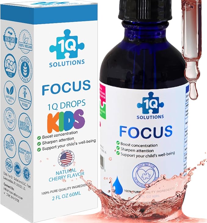 1Q Focus – Liquid Cognitive &amp Brain Support Natural Drops for Kids | Acetyl L-Carnitine + B1 B6 B12 &amp Folate | Sugar-Free Vegan Non-GMO Gluten-Free | Advanced Absorption | 2 fl oz 30 Serv