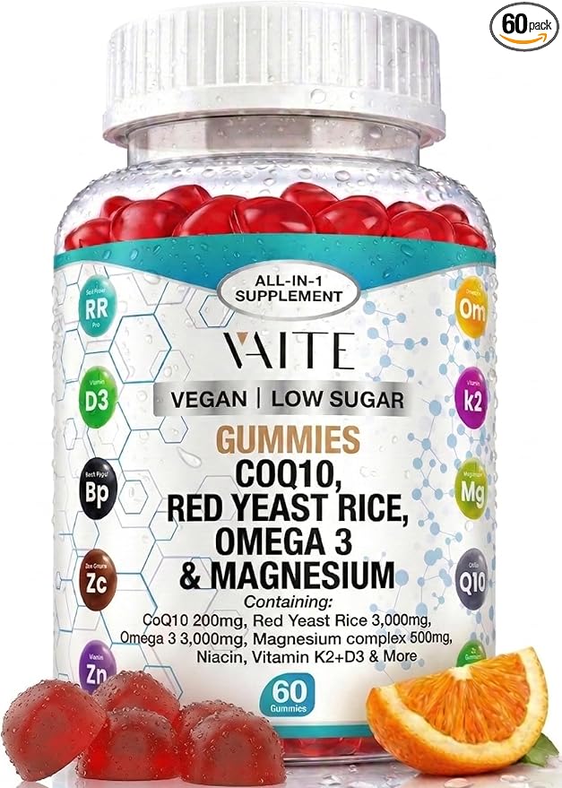 CoQ10 200mg Gummies with Red Yeast Rice &amp Magnesium Glycinate – Omega-3 Zinc and Vitamin K2+D3 for Overall Health – Supplements for Adults – 60 Chewable Gummies
