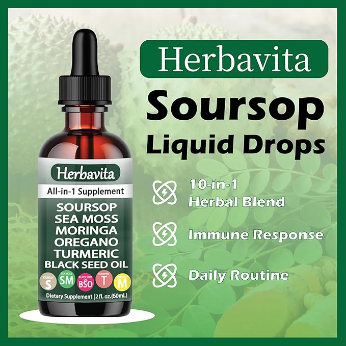 Soursop Liquid Drops 10 in 1 with Sea Moss Moringa Turmeric Black Seed Oil – Vegan Non-GMO Immune &amp Energy Support – 2 fl oz