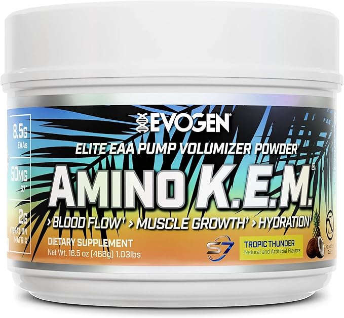 Evogen Amino K.E.M. - EAA &amp BCAA Powder Pump Volumizer | BCAAs Amino Acids Supplement for Blood Flow Muscle Growth &amp Hydration | Tropic Thunder | 30 Servings