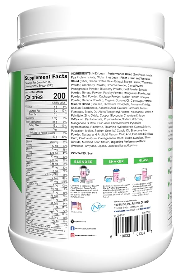 Lean1 Plant Based Protein Powder Meal Replacement strawberry flavor 15 serving
