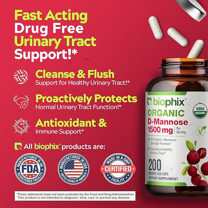 biophix D-Mannose USDA Organic 1500 mg 200 Veggie Caps - Supports a Healthy Bladder Urinary Tract Non-GMO Vegan-Friendly