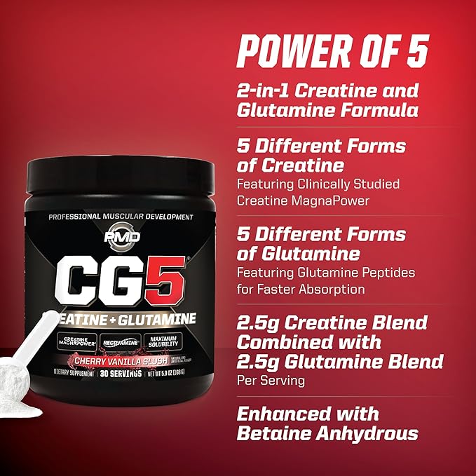 PMD Sports CG5 - Premium Creatine and L Glutamine Powder - Maximum Strength Power Recovery Build Lean Muscle Increase Performance - Pre-Workout and Post Workout - Cherry Vanilla Slush (30 Servings)