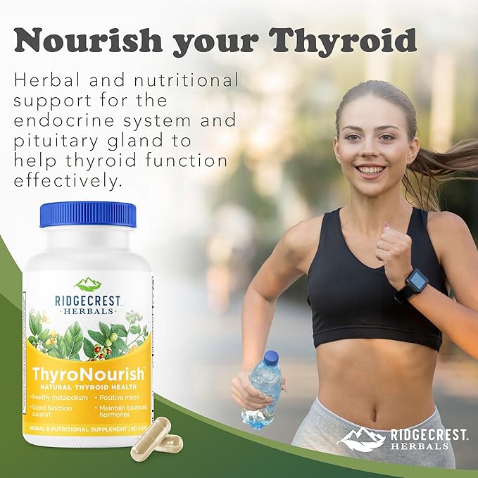Ridgecrest Herbals ThyroNourish Thyroid Support Herbal and Vitamin Supplement with Ashwagandha L-Tyrosine Iodine Copper Kelp. Supports Energy Metabolism Health Normal Sleep (60 Caps 30 Serv)