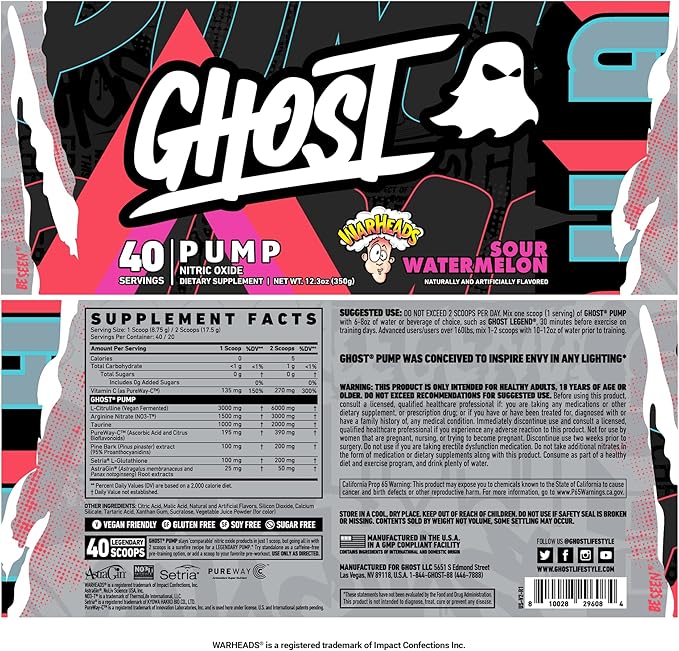 GHOST Pump Nitric Oxide Powder Warheads Sour Watermelon - 40 Servings - Sugar &amp Stim-Free Pre-Workout Supplements- L-Citrulline Arginine Nitrate &amp L-Glutathione - Soy &amp Gluten-Free Vega