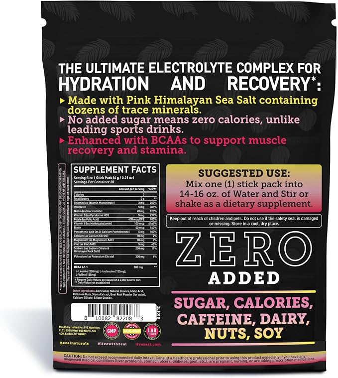 Zeal Naturals Enhanced Electrolyte Powder Stick Packs (Pink Lemonade - 20 Packets) Sugar Free + BCAA B-Vitamins &amp Pink Himalayan Salt - Keto Electrolytes Hydration Powder