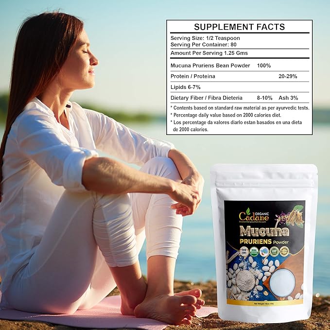Organic Cadane Mucuna Pruriens Powder 1 Pound | Promotes Brain Health Supports Immune System Energy | USDA Certified Vegan-Friendly Supplements | Pure Natural Velvet Beans Extract from India