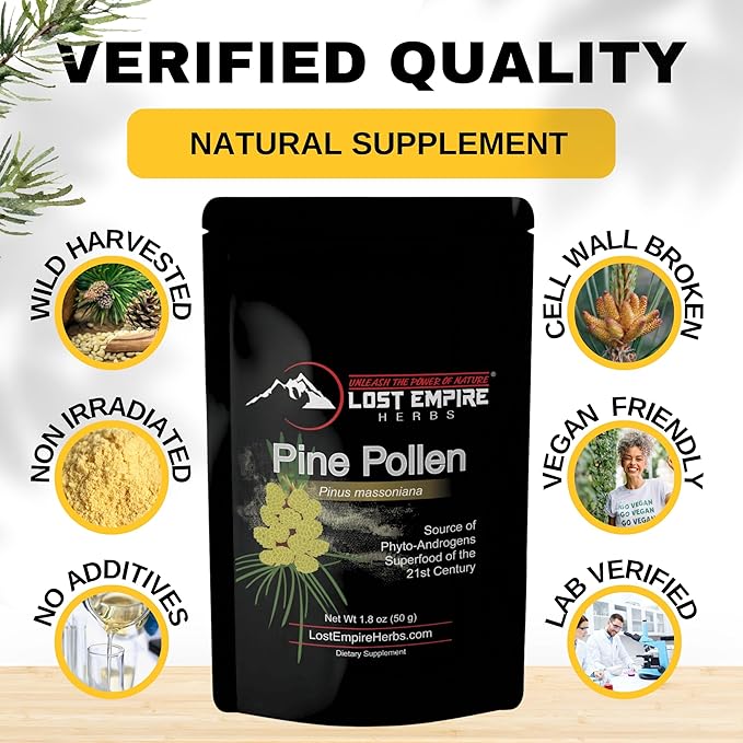 Pine Pollen Powder Wild Harvested - 99% Cracked Cell Wall | Supports Healthy Energy &amp Longevity (50 Grams)
