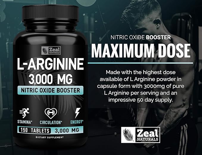 Zeal Naturals L-Arginine Supplement - 3000mg 150 Tablets | Nitric Oxide Booster | L Arginine Supplement for Men &amp Women | Support Energy Circulation Muscle Growth