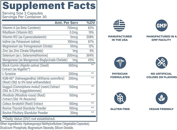 Revive MD Thyroid Support Supplement for Men &amp Women - Comprehensive Blend of Nutritents Supports Healthy Thyroid Function with Essential Vitamin Minerals &amp Herbs (90 Capsules 30 Servings)
