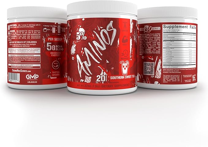 5% Nutrition Code Red Aminos BCAA &amp EAA Post Workout Recovery Powder | Full Spectrum Essential Amino Acid Complex for Men &amp Women (Southern Sweet Tea)