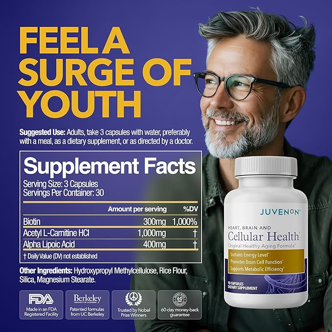 Juvenon Cellular Health Supplement - Energy Focus &amp Healthy Aging for Heart Brain Cell &amp Metabolism | Acetyl L-Carnitine ALCAR Alpha Lipoic Acid ALA Biotin | NAD+ Support Capsules 90 Cou