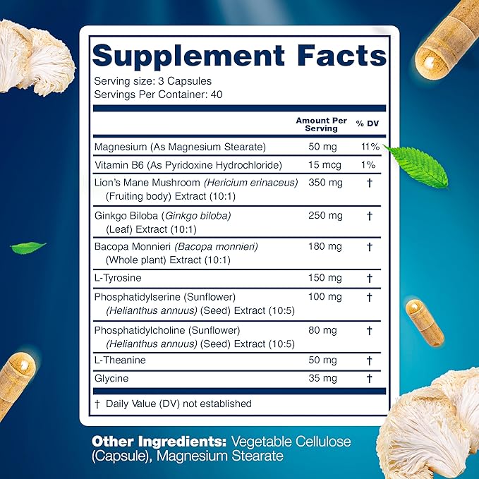 Organic Lions Mane Supplement Capsules - 240 Real Mushrooms Lion's Mane Capsules with Ginkgo Biloba Herb Bacopa Monnieri L Theanine L Tyrosine - Mushroom Complex for Daily Wellness