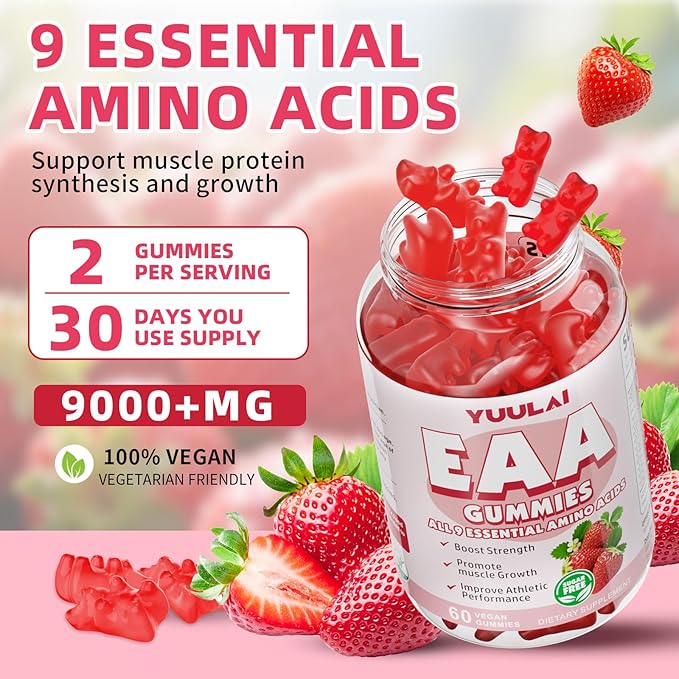 Pack of 2 EAA Gummies Essential Amino Acids - All 9 Essential Aminos (EAA) and All Branched-Chain Aminos (BCAAs) for Muscle Recovery Energy Support Strawberry Flavor 120 Count