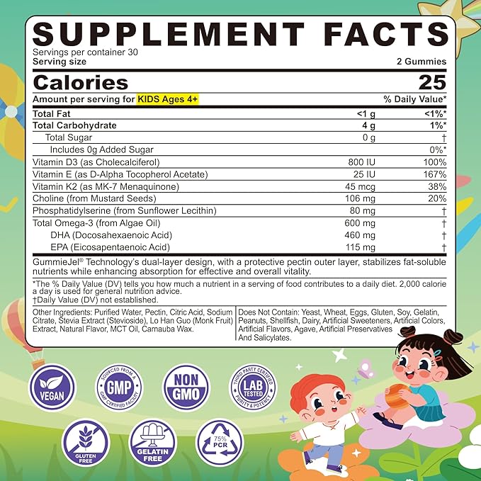 Omega-3 for Kids 4+ Focus DHA Gummies Plus EPA from Algae Vitamin D3 K2 Choline &amp PS for Bone Cognitive &amp Immune Health Zero Sugar Ultra-High DHA Fish Oil Alternative Children Ages 4+ 6