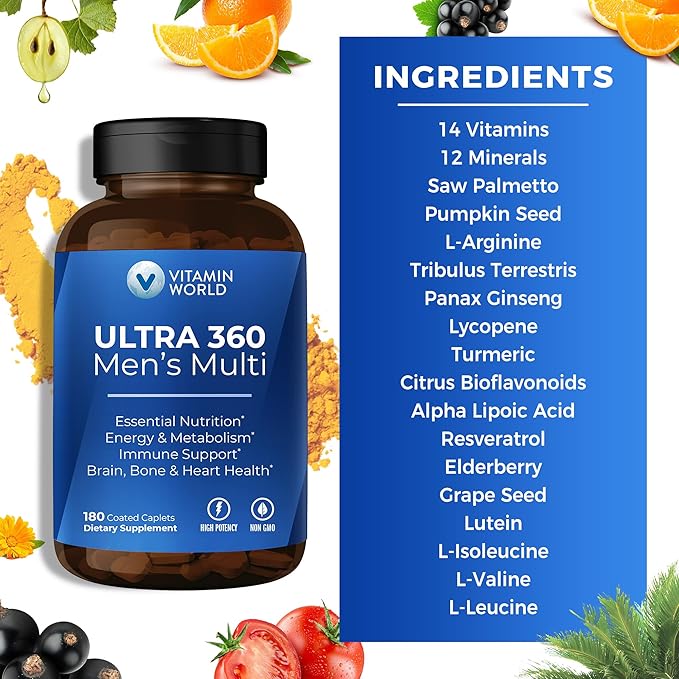 Vitamin World Ultra 360 Multivitamin for Men Men's Multivitamin with Herbs &amp Antioxidants for Energy &amp Performance Supplement with Vitamin A C D E B12 &amp Zinc for Immune Support 180