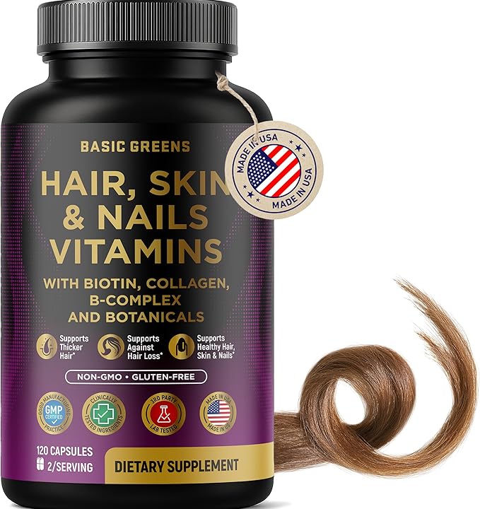 Hair Skin &amp Nails Vitamins with Biotin 10000 mcg Collagen B-Complex &amp Botanicals – Supports Healthy Hair Glowing Skin &amp Strong Nails – Non-GMO Gluten-Free – Made in USA – 120 Capsules