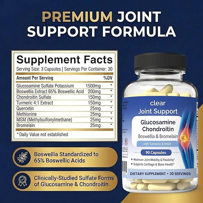 Glucosamine Chondroitin MSM with Turmeric 180 Capsules - Joint Supplements for Women &amp Men – with Boswellia Quercetin – Clear Joint Support Supplement for Flexibility Mobility Cartilage Repair