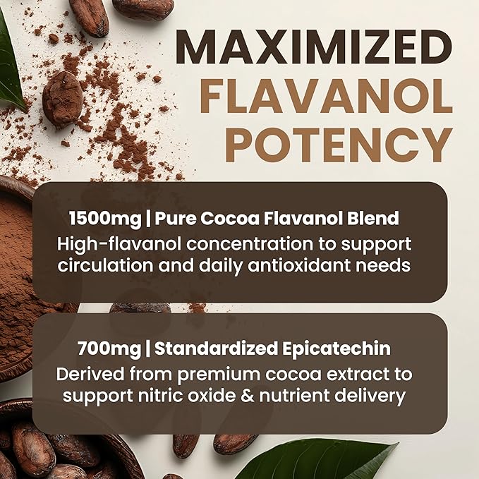 High Flavanol Cocoa Powder - 1500mg Cocoa Flavanols 12X More Epicatechin 700MG Epicatechin Antioxidant Flavonoids - Supports Brain Heart Health Nitric Oxide &amp Circulation by Powered X Plants