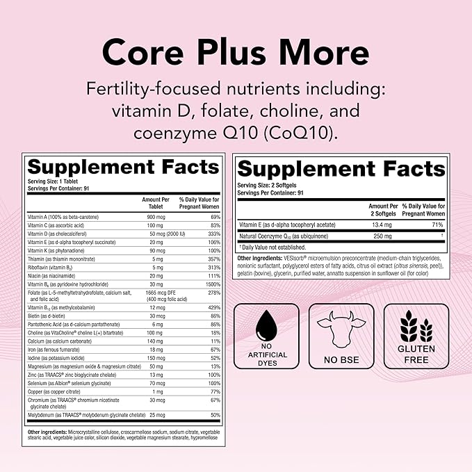 Theralogix TheraNatal OvaVite Preconception Vitamins - 13-Week Supply - Prenatal Vitamins &amp Fertility Supplement for Women with CoQ10* - NSF Certified - 91 Tabs 182 Softgels (91 Servings)