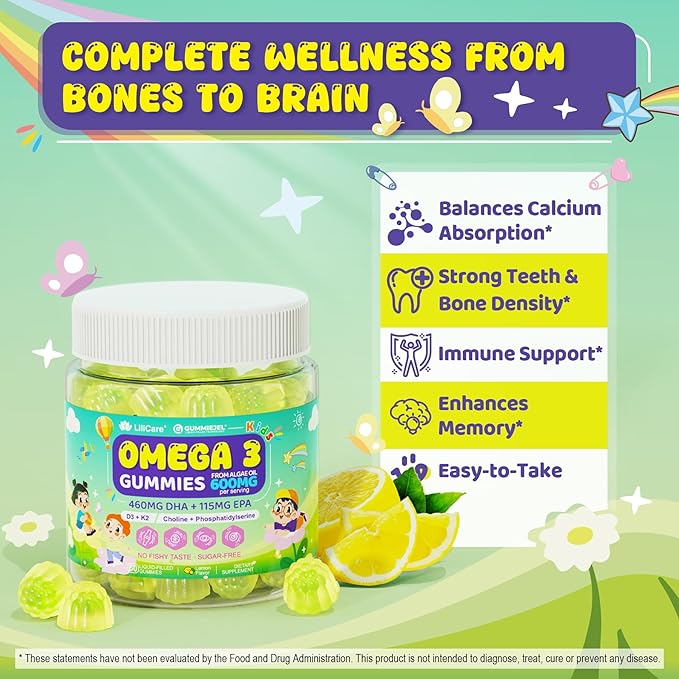 Omega-3 for Kids 4+ Focus DHA Gummies Plus EPA from Algae Vitamin D3 K2 Choline &amp PS for Bone Cognitive &amp Immune Health Zero Sugar Ultra-High DHA Fish Oil Alternative Children Ages 4+ 6
