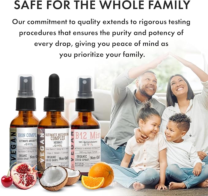 Ultimate Vegan Essential Bundle Liquid Spray- Ultimate Mushroom Complex Iron Bisglycinate and Vitamin B12 Methylcobalamin All Natural Non-GMO Gluten Free Sugar Free 2 Fl Oz 360 Days Supply