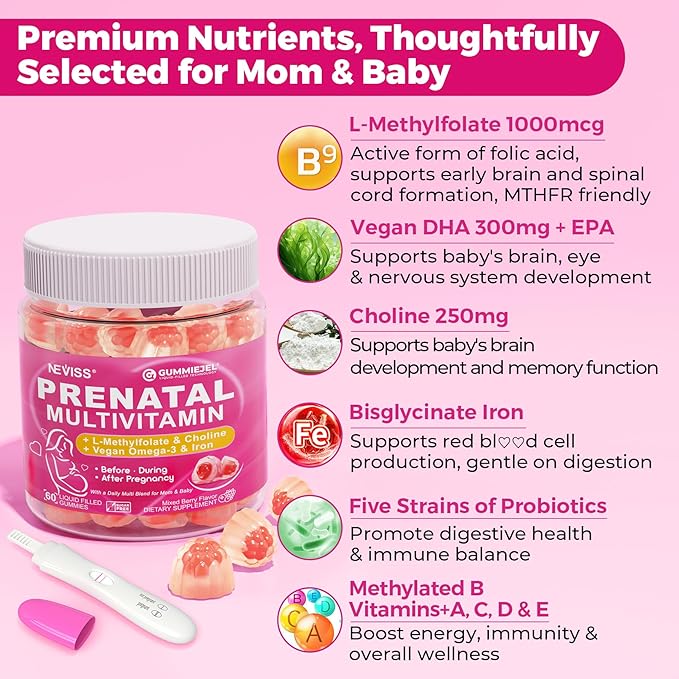 Prenatal Vitamins for Women Multivitamin Gummies w/ Methylfolate 1mg Choline Omega-3(DHA+EPA) Iron Postnatal Vitamins for Women Breastfeeding | BeforeDuring &amp After PregnancySugar FreeVegan6
