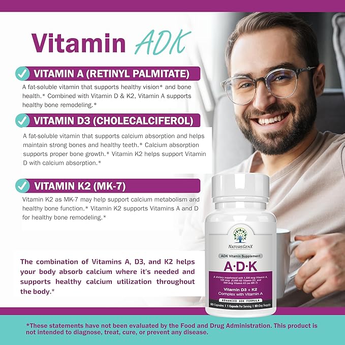 NatureGenX ADK Vitamin Supplement – Vitamins A D3 &amp K2 MK-7 for Bone Health &amp Calcium Absorption – Gluten-Free Non-GMO Soy-Free – 60 Capsules (2-Month Supply)