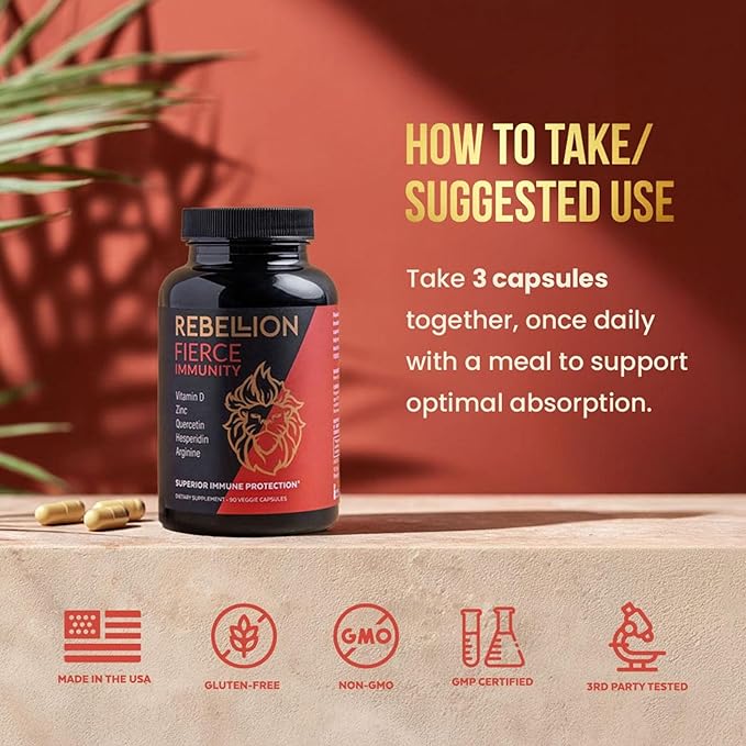 5-in-1 Fierce Immunity Supplement Immune Support Supplement and Boosters for Adults Vitamin C Quercetin Vitamin D Zinc L-Arginine Hesperidin Immunity Support 90 Capsules (1 Month Supply)