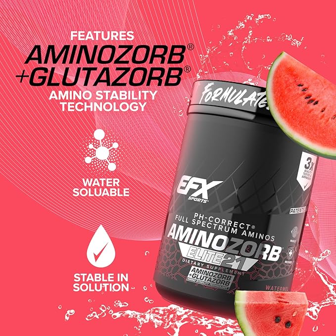 EFX Sports Aminozorb Elite 21 | PH-Correct Full Spectrum Aminos + Glutamine | Essential &amp Non Essential Aminos | Zero Sugars | 30 Servings (Watermelon)