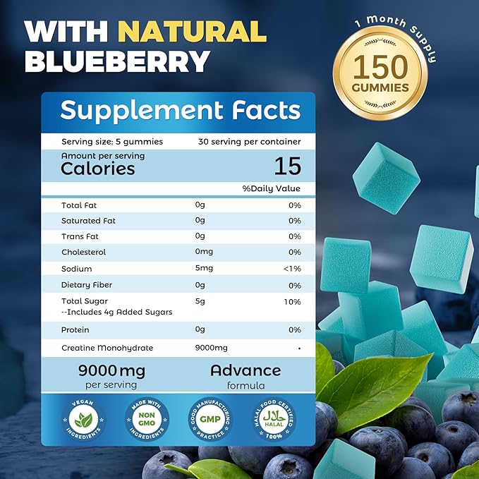 Creatine Monohydrate Gummies 9000mg for Men and Women-Advanced Formula Creatine Supplement Supports Strength &amp Energy Blueberry Flavor 150 Count