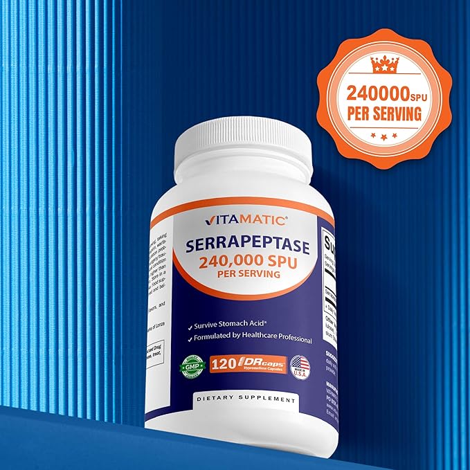 Vitamatic Serrapeptase 240000 SPU Servings 120 Delayed Released Capsules - Enteric Coated - Non-GMO- Made in the USA (120 Count (Pack of 2))