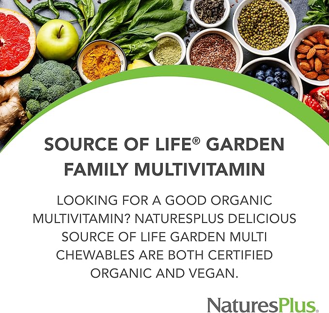 NaturesPlus Source of Life Garden Family Multivitamin - 60 Chewables - Mixed Berry Flavor - Energy Metabolism &amp Digestive Health with Probiotics - USDA Certified Organic - Up to 60 Servings