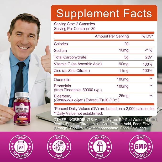 M inch (2 Pack) Quercetin Gummies with Bromelain Elderberry Zinc and Vitamin C - Chewable Quercetin 100mg Supplement for Immunity Allergy Aging Support - Vegan Gummies for Adult &amp Kid