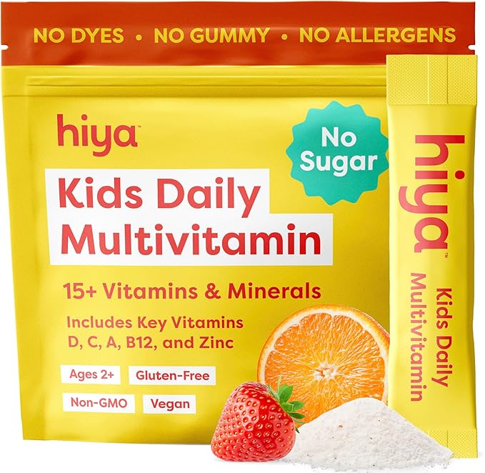 Hiya Kids Multivitamin – 15+ Essential Vitamins &amp Minerals with Fruits &amp Veggies for Ages 2+ Supports Growth Development &amp Immune 0g Sugar – 20 Stick Packs for Toddlers &amp Kids