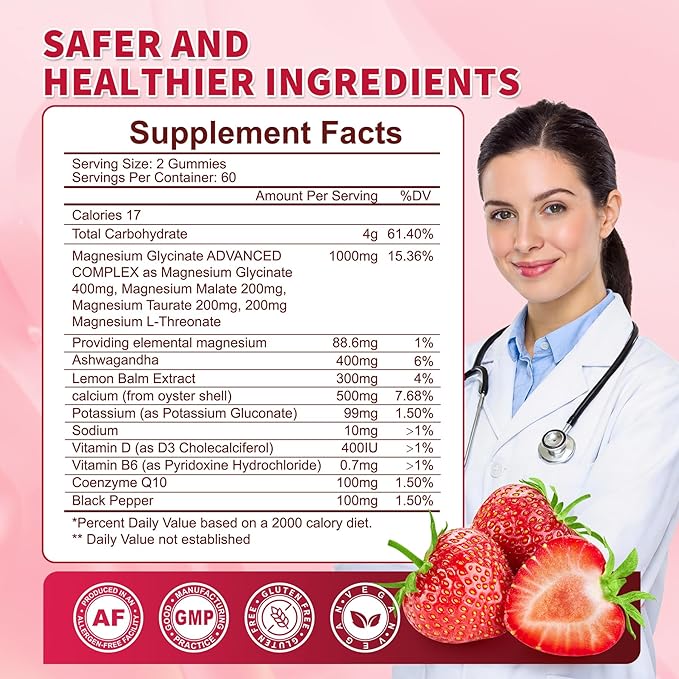 120 CT Magnesium Glycinate Gummies 1000 mg for Women and Men Magnesium Malate &amp Taurate Supplements for Sleep Body Support and Relaxation Sugar Free Vegan Strawberry Flavor