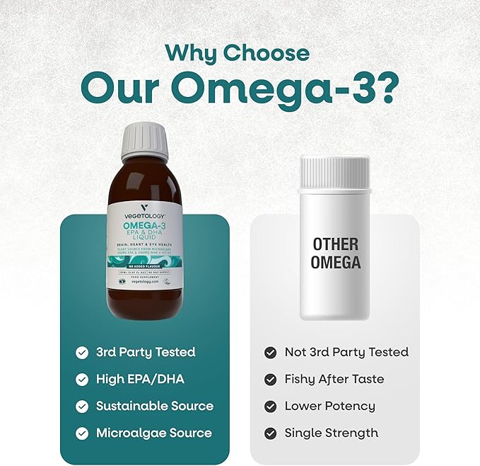 VEGETOLOGY Vegan Omega 3 Liquid from Microalgae 800mg of EPA DHA with Vitamin D3 Supports Heart Brain and Eye Health Natural Fish Oil Alternative UK Made Unflavoured