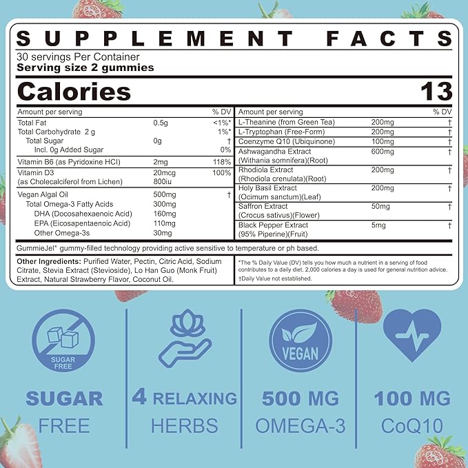 Ashwagandha Saffron Calm Gummies + Omega 3 L-Theanine &amp CoQ10 for Women Men Natural Calming Happy Relax Gummies for Adults Mood Support Supplement Gummy Strawberry Flavor Sugar Free Vegan 6