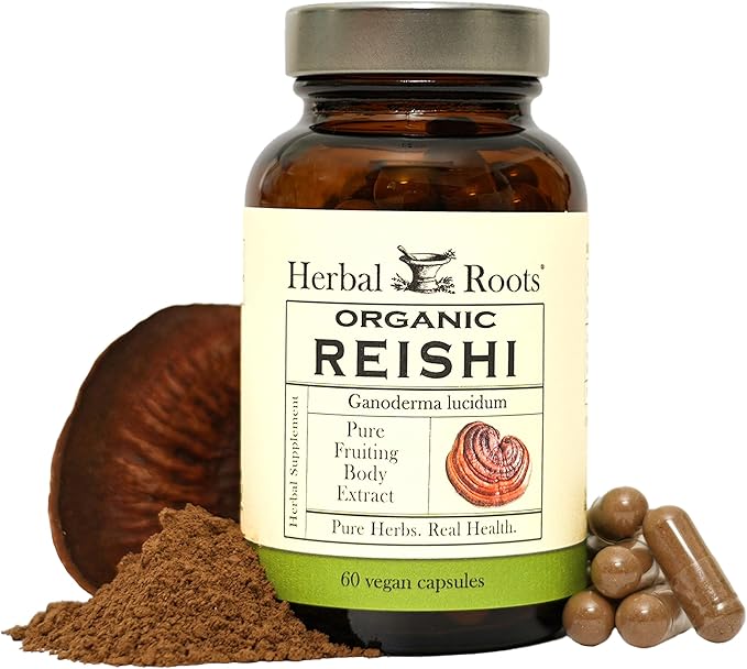 Herbal Roots Organic Reishi Mushroom Capsules - Made with Fruiting Bodies - Support Energy Vitality Immune &amp Heart Health - 60 Vegan Capsules